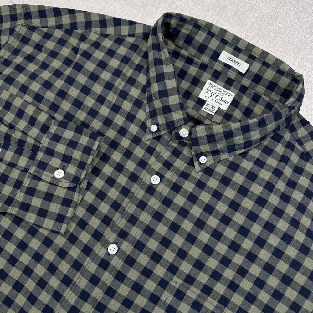 J Crew Secret Wash Shirt Mens XXXL Blue Green Gingham Organic Cotton Classic